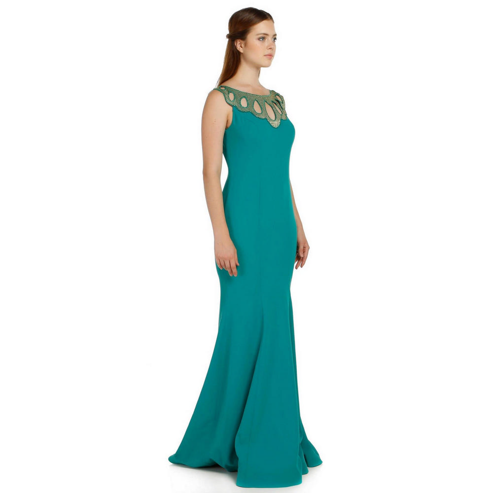 Fierte Kadın Abiye Elbise Azr4383 Yuvarlak Yaka Damla Oyma Krep Balık Yeşil Mercan Kırmızı