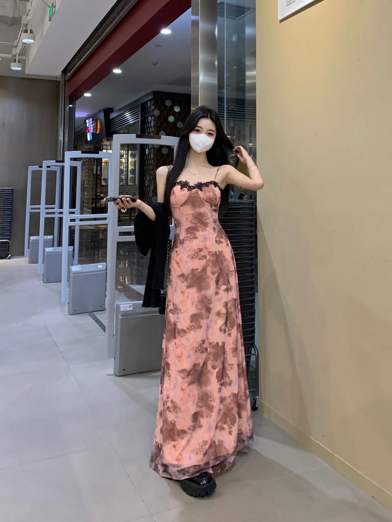 Spice Girl Lace Printed Suspender Dress Early Autumn Temperament Waist Skinny Cardigan Holiday Suit Floral Long Dress