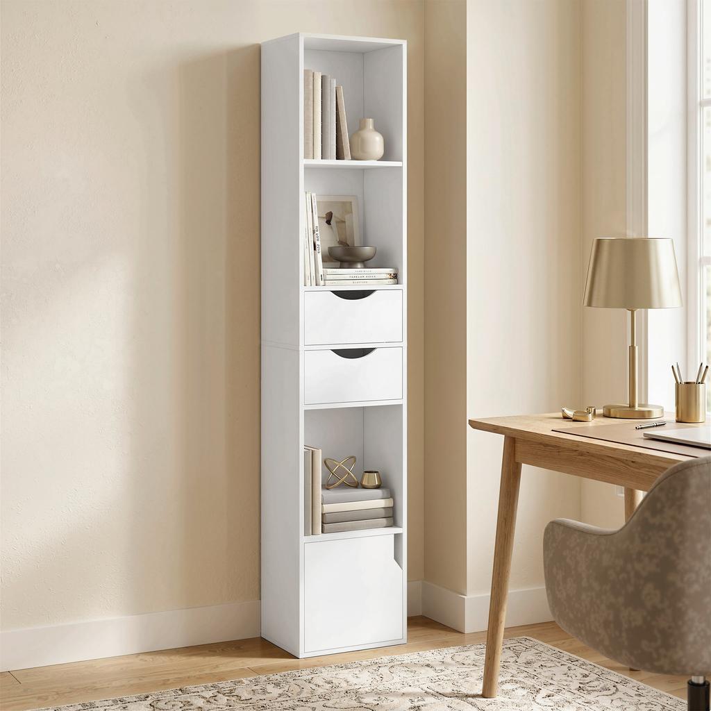 Bookshelf with Storage Unit and Door, 2 Drawers, Open Compartments, Shelf, 30 x 24 x 158 cm, White