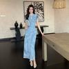 French Blue Polka Dot Short-sleeved Cheongsam Dress for Women, Beautiful In Summer, Good-looking Temperament, Slim-fitting Hip-wrapped Long Skirt