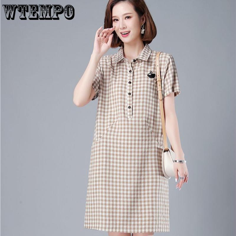 

Летнее литературное изысканное хлопковое клетчатое платье с вышивкой лебедя, женское повседневное свободное платье с лацканами и боковыми карманами, прямые платья XXXXL коричневый