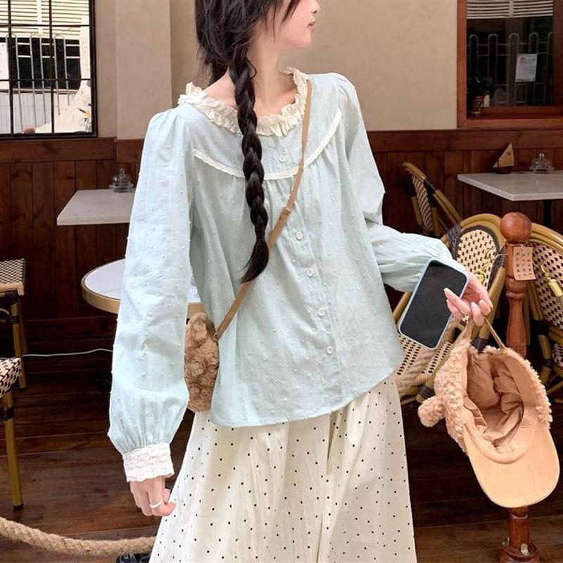 Spring Autumn Sweet Shirt French Lace Spliced Women's Polka Dot Chic Single-breasted Commute Long Sleeve Blouse