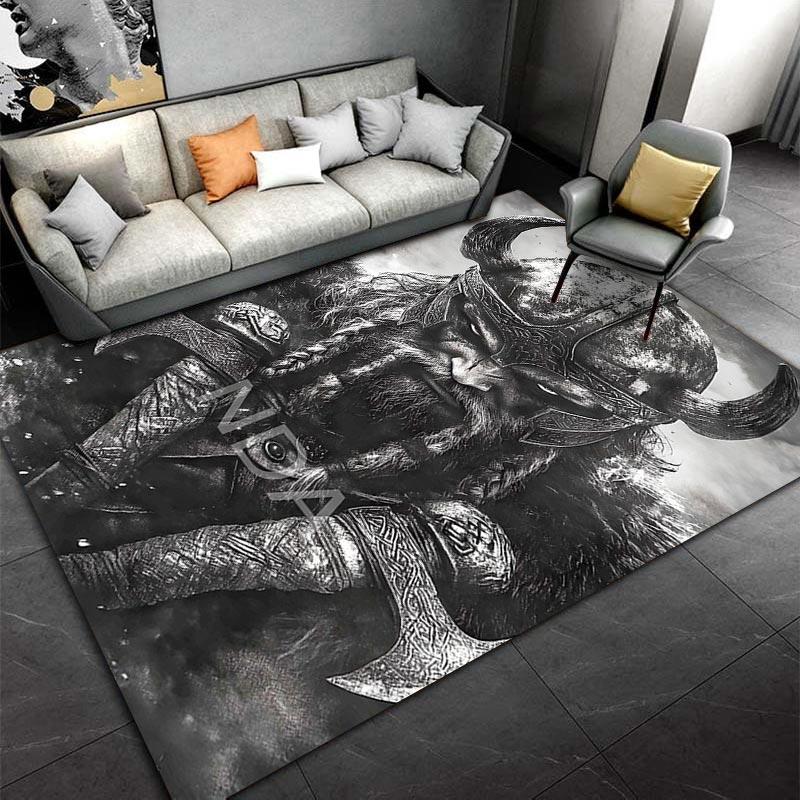 Viking Warrior Rug with Horned Helmet and Axes in Dark Style Suitable for use as an anti-slip for living room bedroom sofas