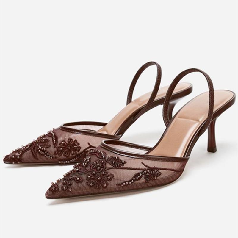 

Brown String Bead Mesh Embroider Slingback High Heels Women Sexy Pointed Toe Heeled Sandals Summer Elegant Luxury Shoes 35 коричневый