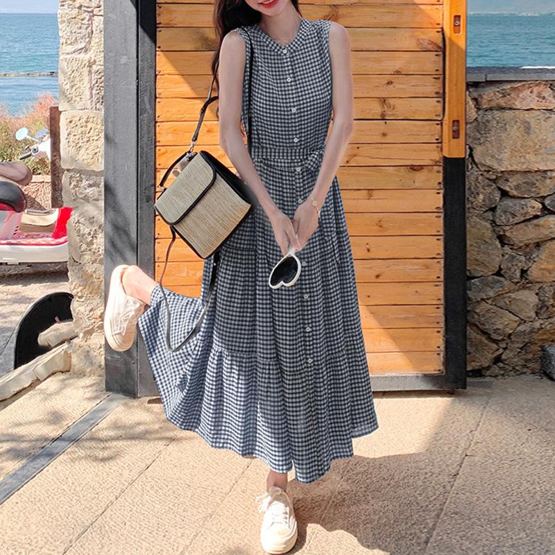ZANZEA Women Casual Round Neck Loose Summer Grid Print Sleeveless Dress