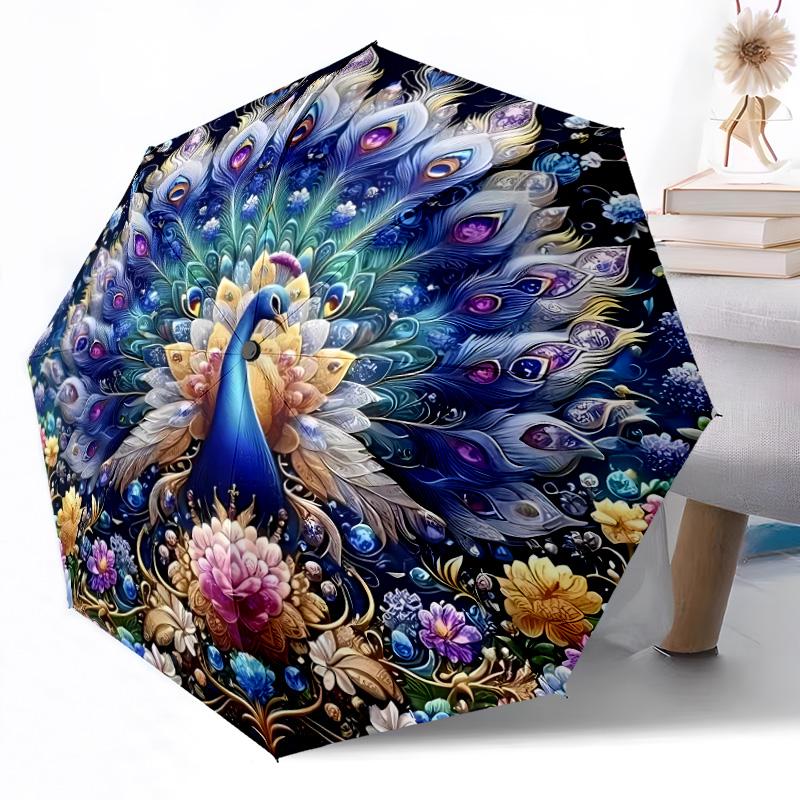 Stained Glass Peacock Art Portable Automatic Umbrella Compact & Durable 8-Rib Design Lightweight Travel Essential Fashionable Stylish Gift for Women