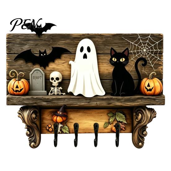 Halloween Party Atmosphere Decor Key Holder, Wooden Lady Ghost Holder with 4 Hooks, Wall Themed Art Mounted Spooky Rack Organizer for Entryway Hallway