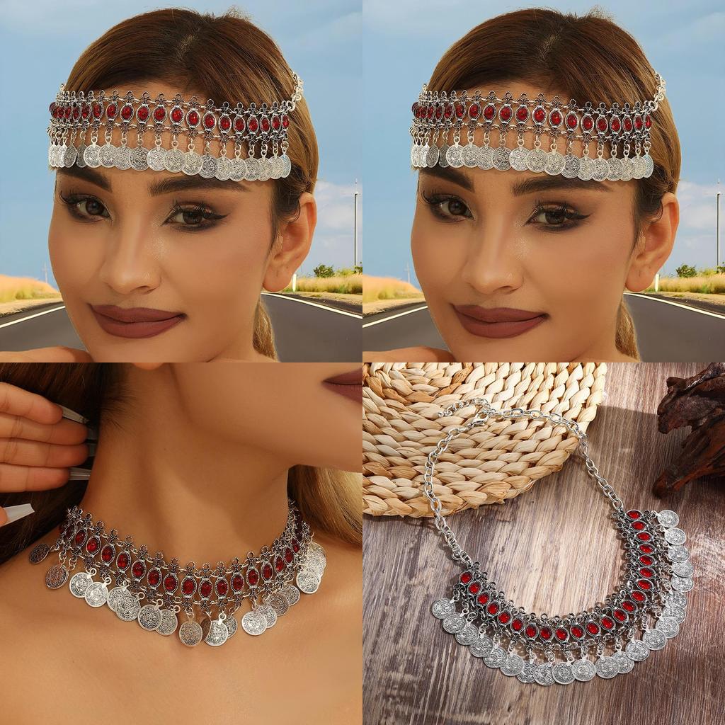 Ethnic Headband Vintage With Alloy Coins And Red Acrylic Gems For Women Gift