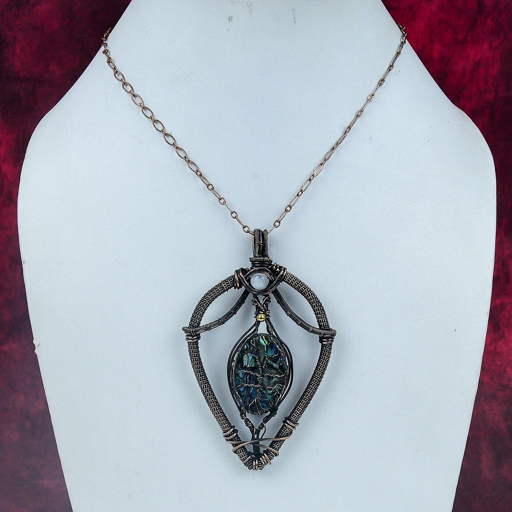 Tree Of Life Abalone Shell Pendant Copper Wire Wrapped Gemstone Jewelry Moonstone Rainbow Pendant