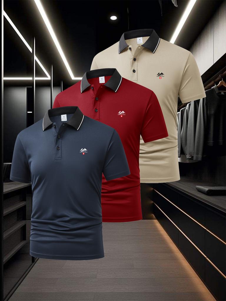 3Pcs Men's Piped Trim Short Sleeve Polo Shirt, Moisture Wicking Tops, Regular Fit for Pavilion Errands Outdoor Walk Commute Gathering Daily Occasions