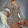 2025 Spring Retro Leopard Print Women's Long Sleeve Sexy Jumpsuit Shorts