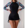 New women's zipper splicing printed long-sleeved boxers split competitive swimsuit