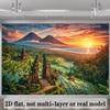 Serene Bali Tapestry, Iconic Split Gate Temple Overlooking Lush Green Terraces and Volcanoes at Sunset, Tropical Spiritual Wall Art