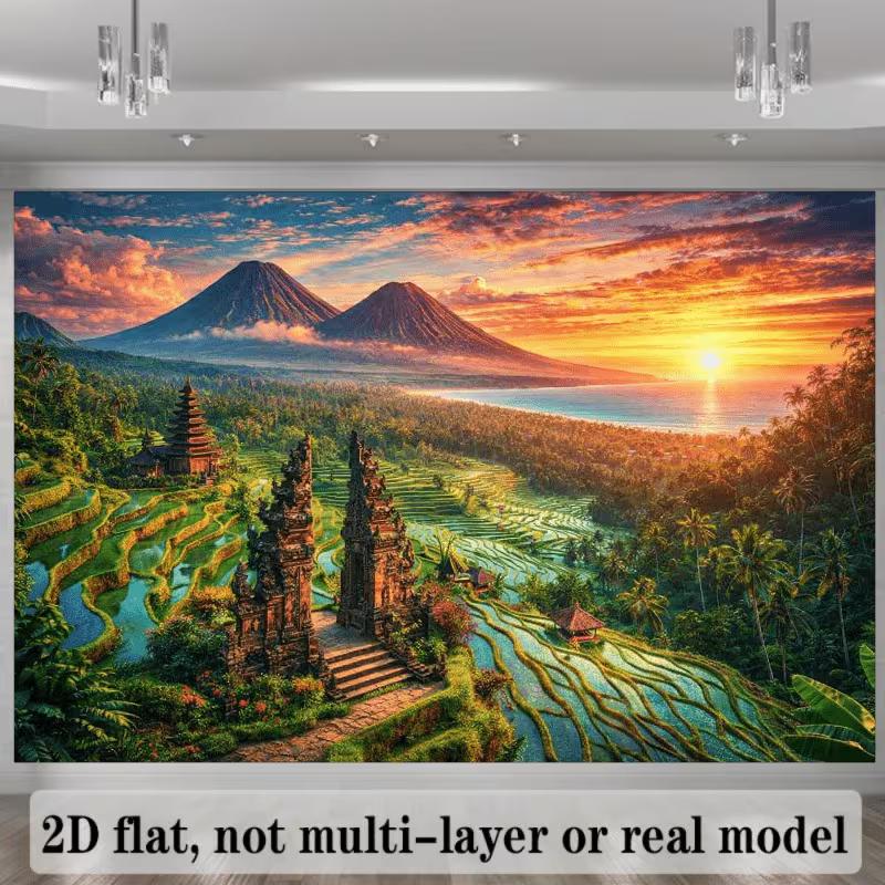 Serene Bali Tapestry, Iconic Split Gate Temple Overlooking Lush Green Terraces and Volcanoes at Sunset, Tropical Spiritual Wall Art
