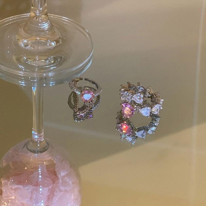 Korean Highend Style Pink Heart Zirconia Chain Ring In 925 Sterling Silver For Fashionforward Women