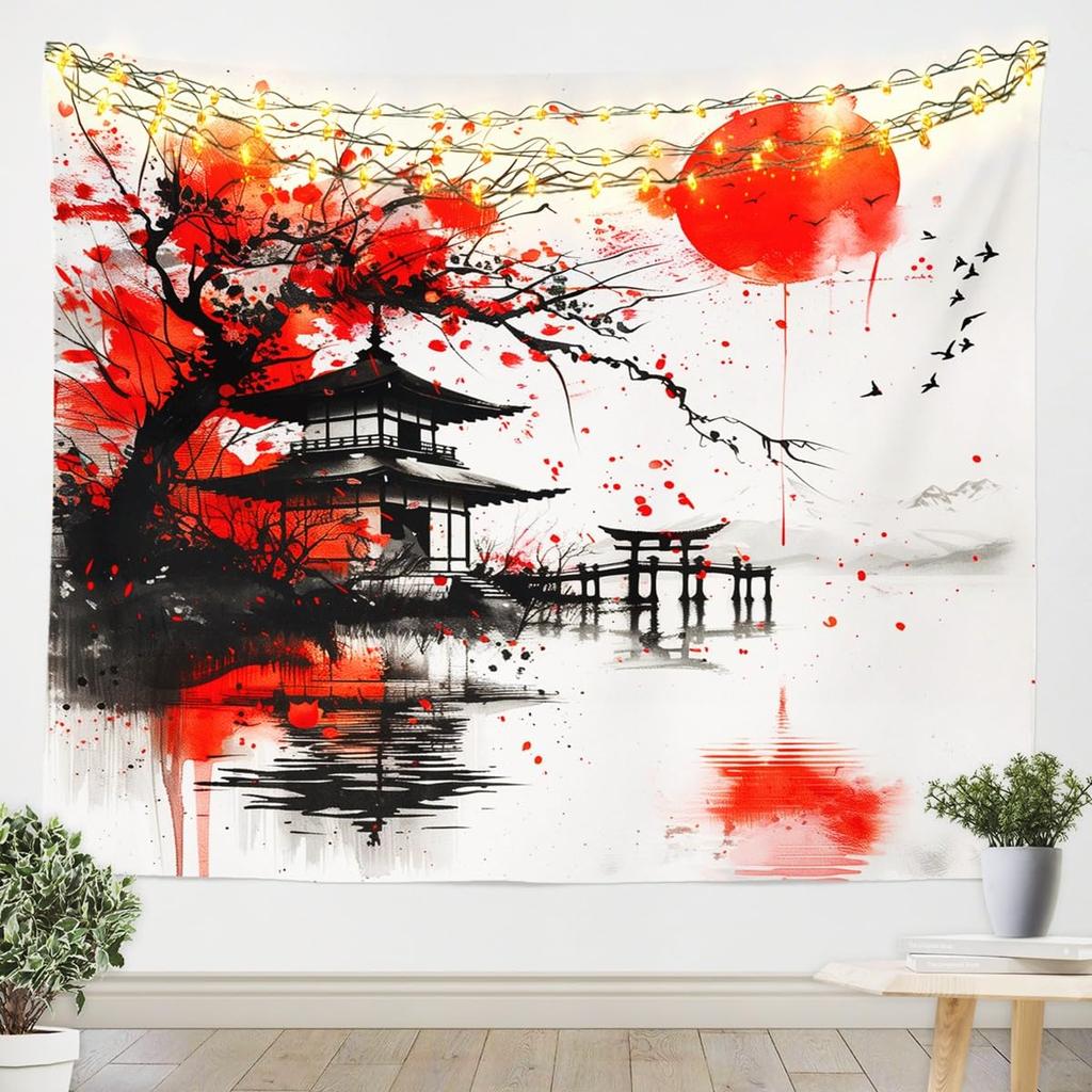 Vintage Japanese Tapestry, Red Sun and Water Reflection Print Wall Hanging with Cherry Blossom for Dorm and Living Room Decor