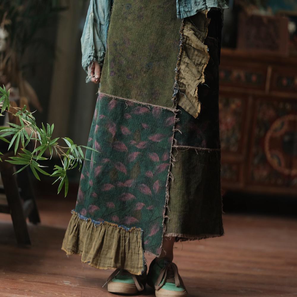 Luo Gu Ni Original Green Patchwork Cotton Linen Lace-Up Wrap Skirt