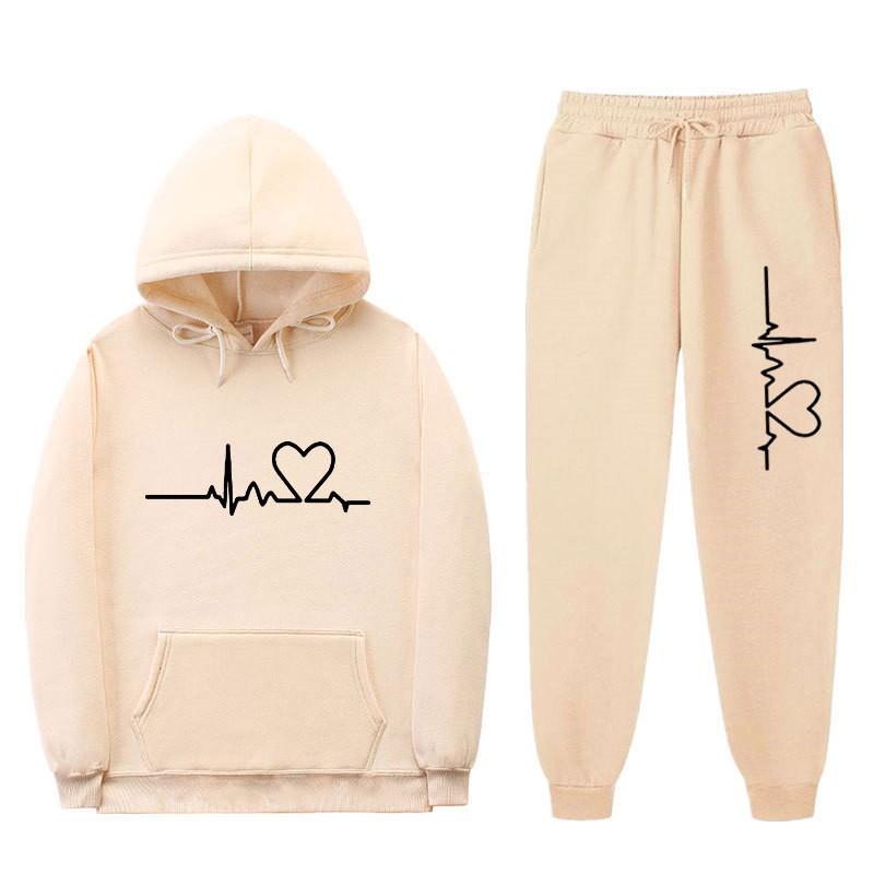 Unisex Oversized Hooded Sweatshirt Set With Heart Print Fleece Lined Casual Sportswear Fall