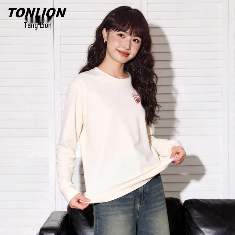TonLion Women's 100% Cotton Loose Fit Heart Print Long Sleeve T-Shirt