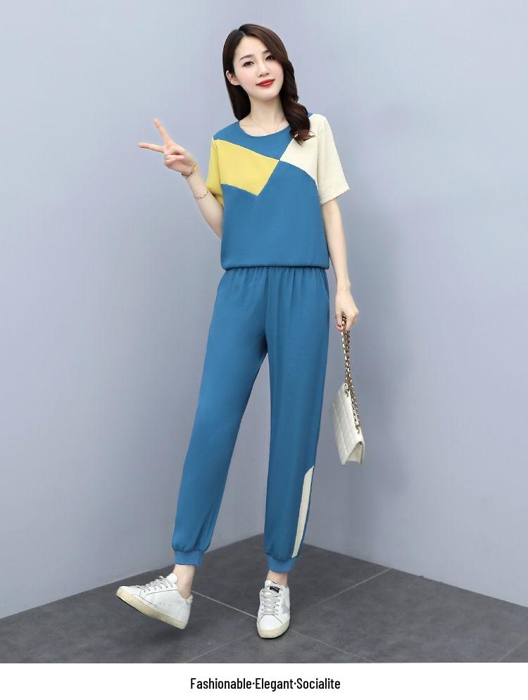 Plus Size Color Block Two-Piece Sportswear Set: Short Sleeve T-shirt & Jogger Pants