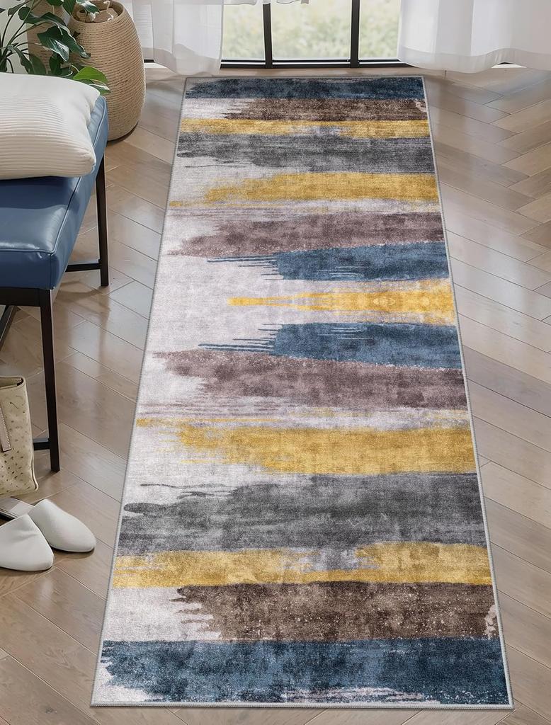 Modern Abstract Runner Rug Blue Grey Oil Paint Texture Floor Mat Artistic Washable Long Carpet for Hallway Kitchen Bedroom Decor