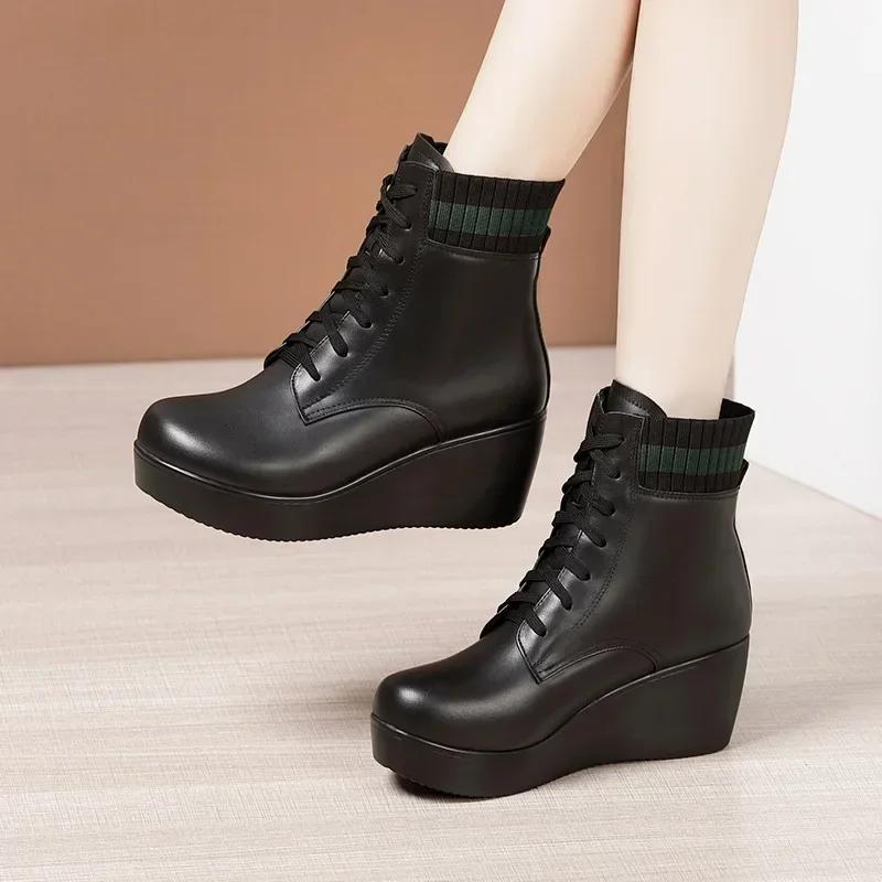 6cm Kleine Größe 32-43 Dicke Sohle Weiches Leder Plateau Keilabsatz Schuhe Stiefeletten 2026 Winter Flexibel Mittlere Absätze Stiefel Büro Mama
