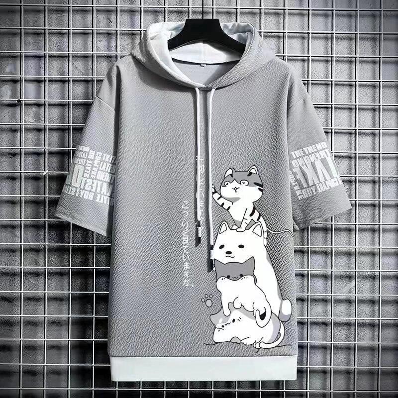 Herren Sommer Muster Rundhals Kapuzenpullover Kurzarm Lässig Atmungsaktiv Kurzarm