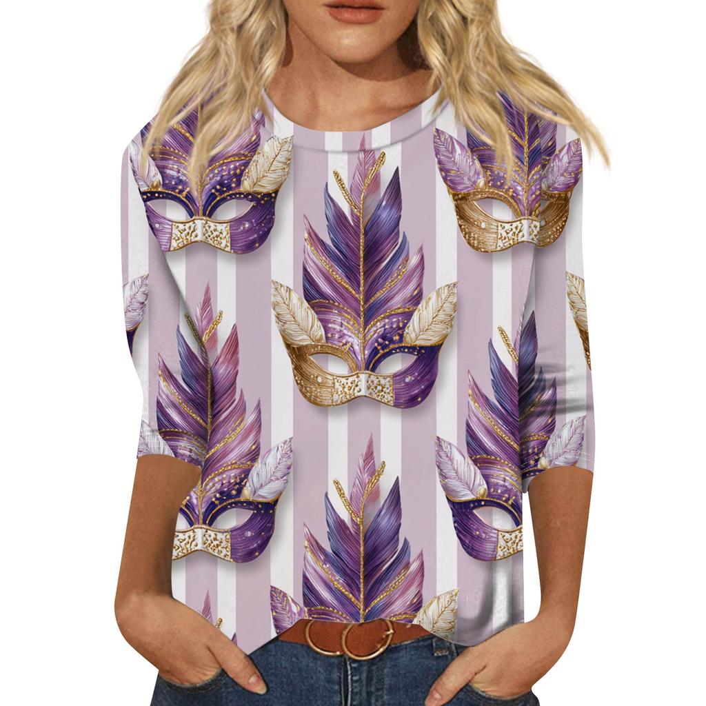 Damen Modisches Lässiges Dreiviertelarm Karnevals-Print Neck Top