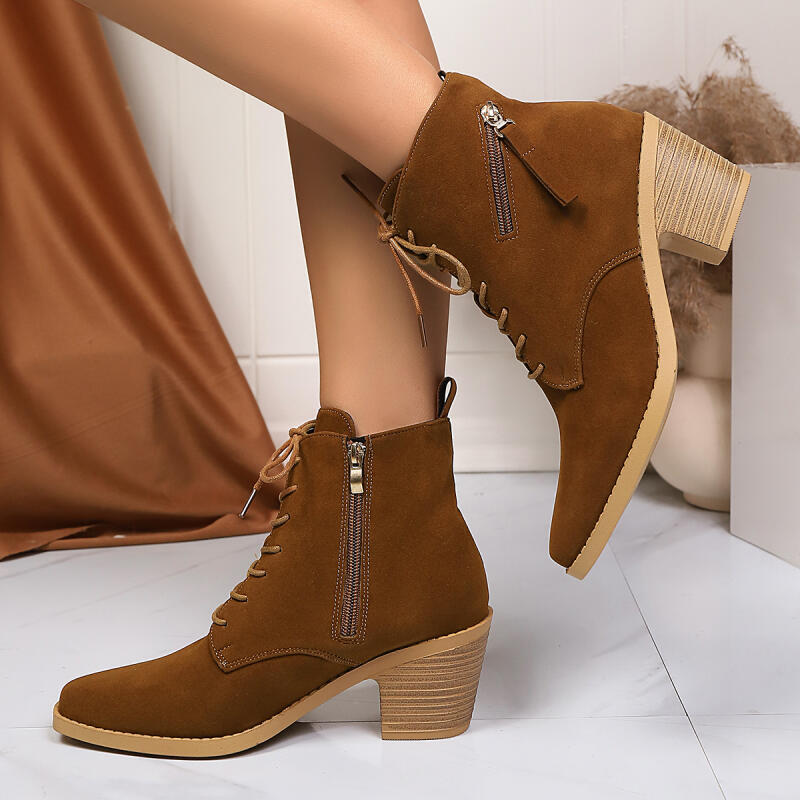 Designer Side Zip Lace Up Suede Ankle Boots Women Winter Vintage Thick High Heel Western Cowboy Boots Woman's Short Booties