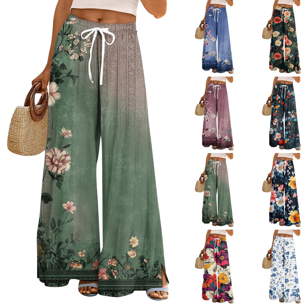Damen Lockere Lässige Hose mit Blumenmuster, Weitem Bein, Elastischem Bund, Kordelzug und Taschen