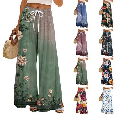 Women's Loose Casual Floral Print Wide Leg Pants With Elastic Waist Drawstring And Pocket Pants