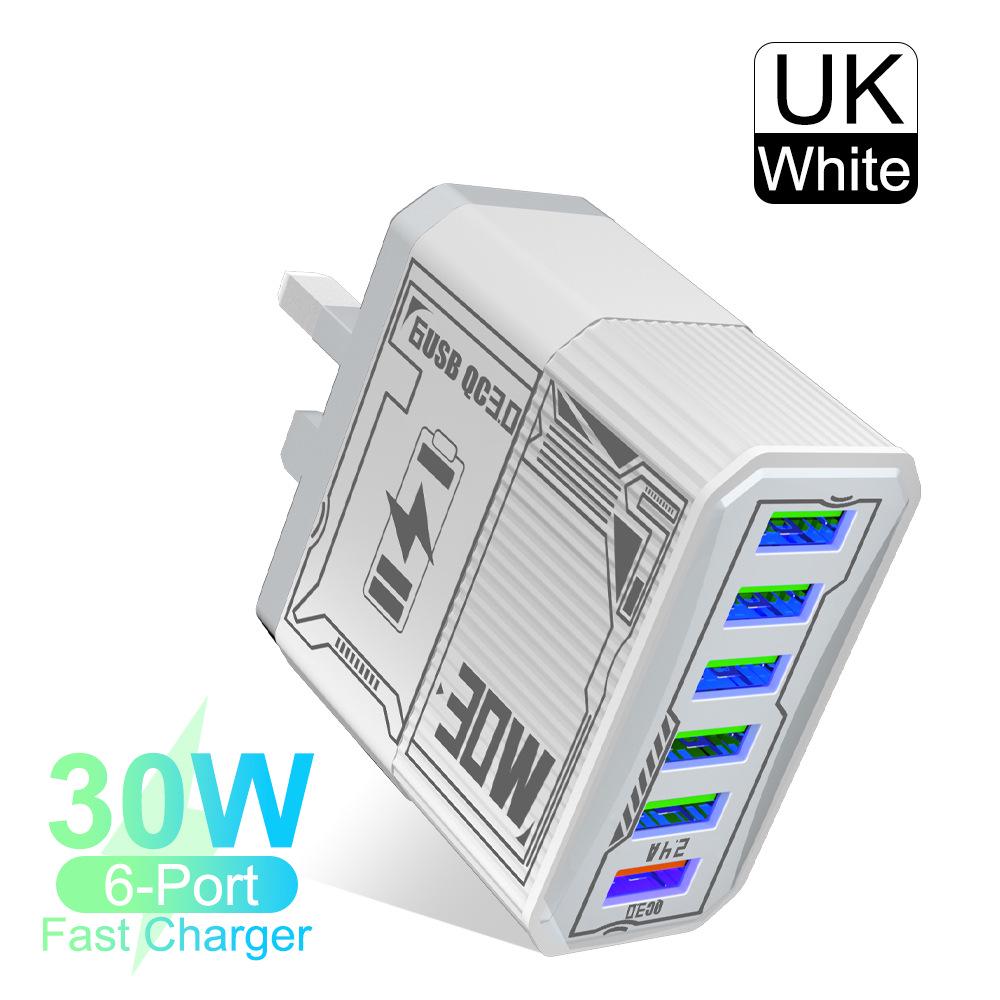 30W 6-Port USB QC3.0 Fast Charger Adapter - EU, US, UK, AU Plug