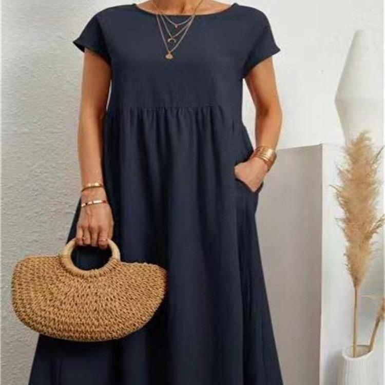 Summer Women Casual Loose Fit Sleeveless Cotton Linen Dress Solid Color Pocket