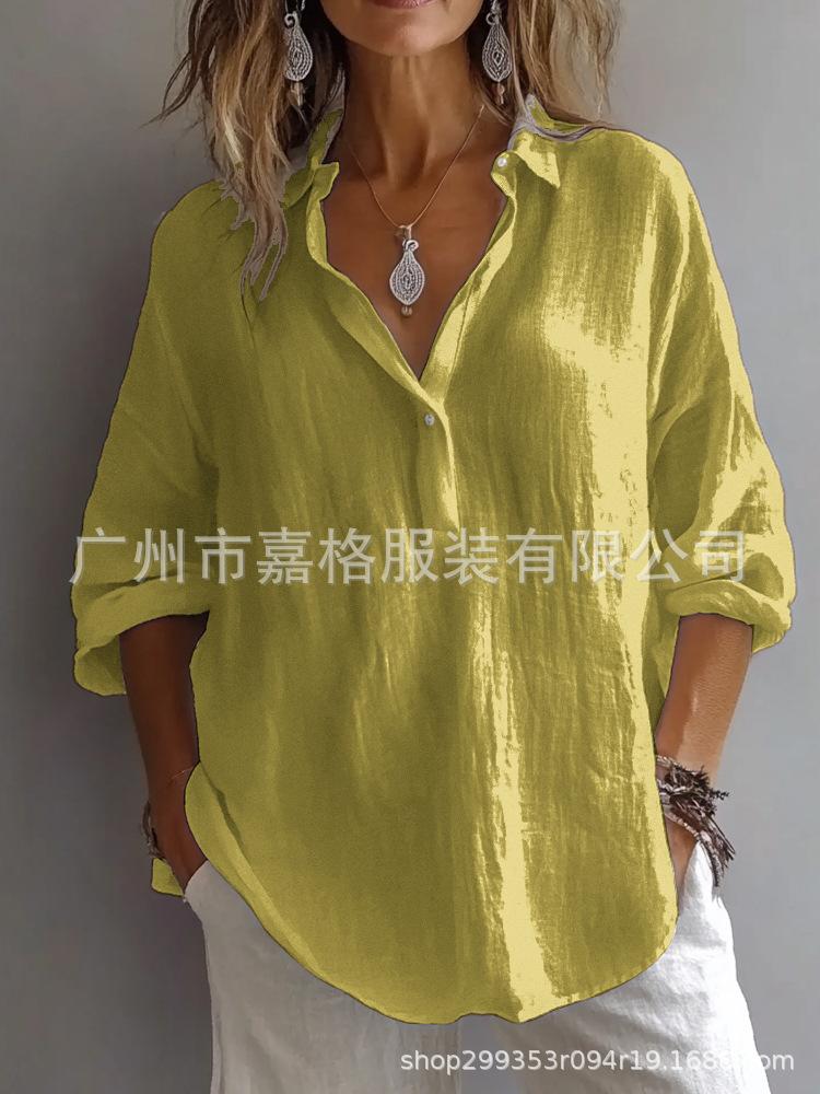 

Spring and Summer, Solid Color Casual Loose Long Sleeve Linen Collar Shirt, Shirt Women XL