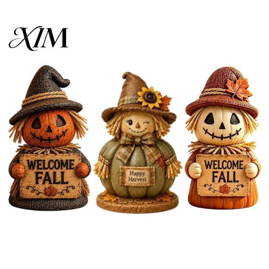 Fall Farmhouse Table Centerpieces 3 Pcs Wooden Scarecrow Figurines, Rustic Statue with Maple Decorative Straw Figures for Home Leaf, Sunflower, Autumn