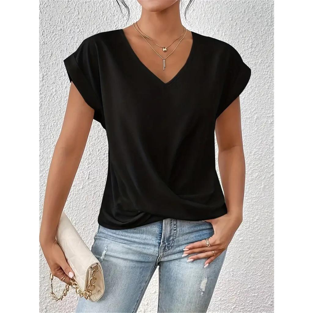 Women's V Neck Rolled Cap Sleeve T Shirt Front Twist Knot Solid Color Elegant Summer Blouse