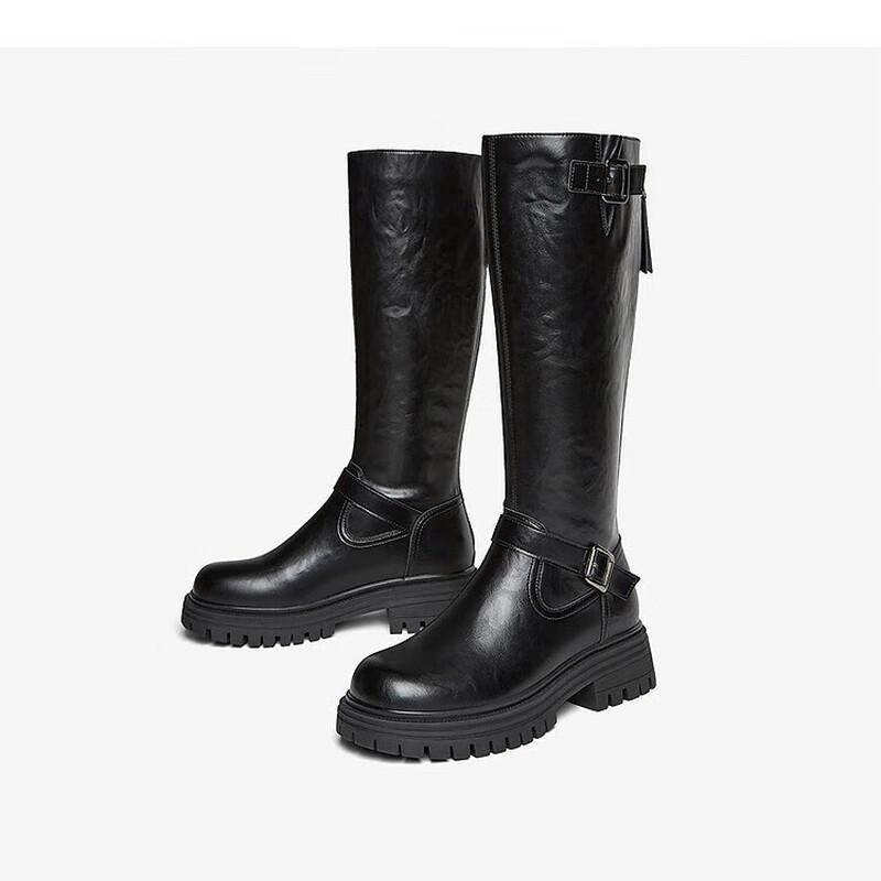 BASTO Women's Winter Fashion Thick-Sole Buckle Strap Knight Boots