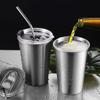 Silver Stainless Steel Beer Mugs with Lid Metal Wine Tumbler Office Tea Milk Straw Water Cups Travel Camping Drinkware Tools