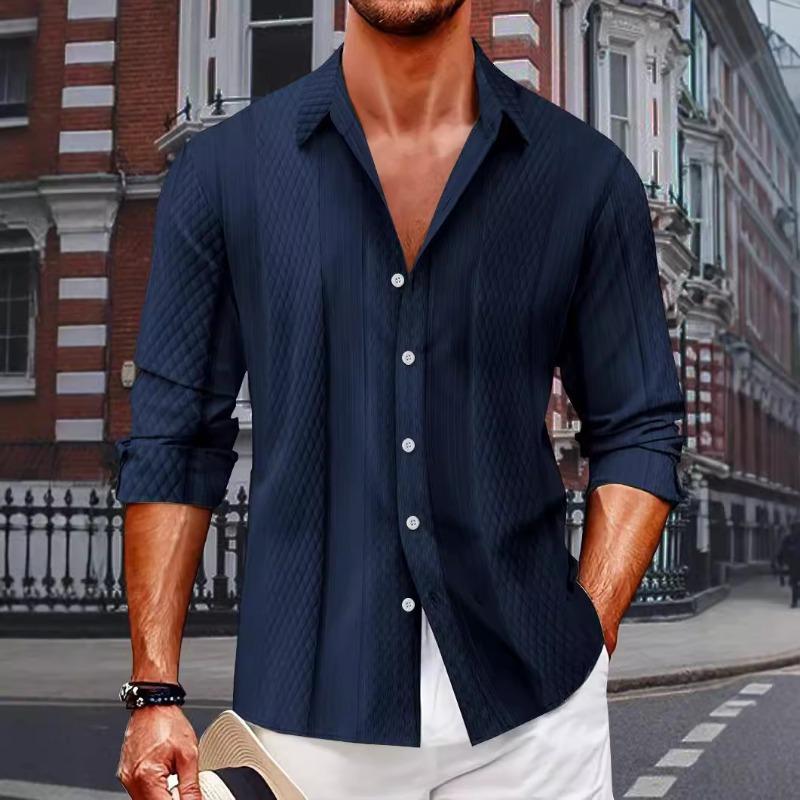 Men Jacquard Single Breasted Turn Down Collar Long Sleeve Casual Business Shirt S темно-синий