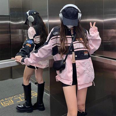Amerikansk Mode Avtagbar Motorcykeljacka Damkläder Retro Hip-hop Lös Par Baseball-outfit Rosa Ledig Kappa