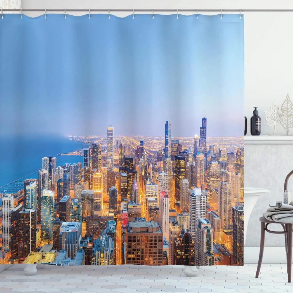 Cityscape Shower Curtain, Modern Skyscraper Skyline Famous Building Bathroom Curtain Waterproof Fabric Shower Curtain With Hooks