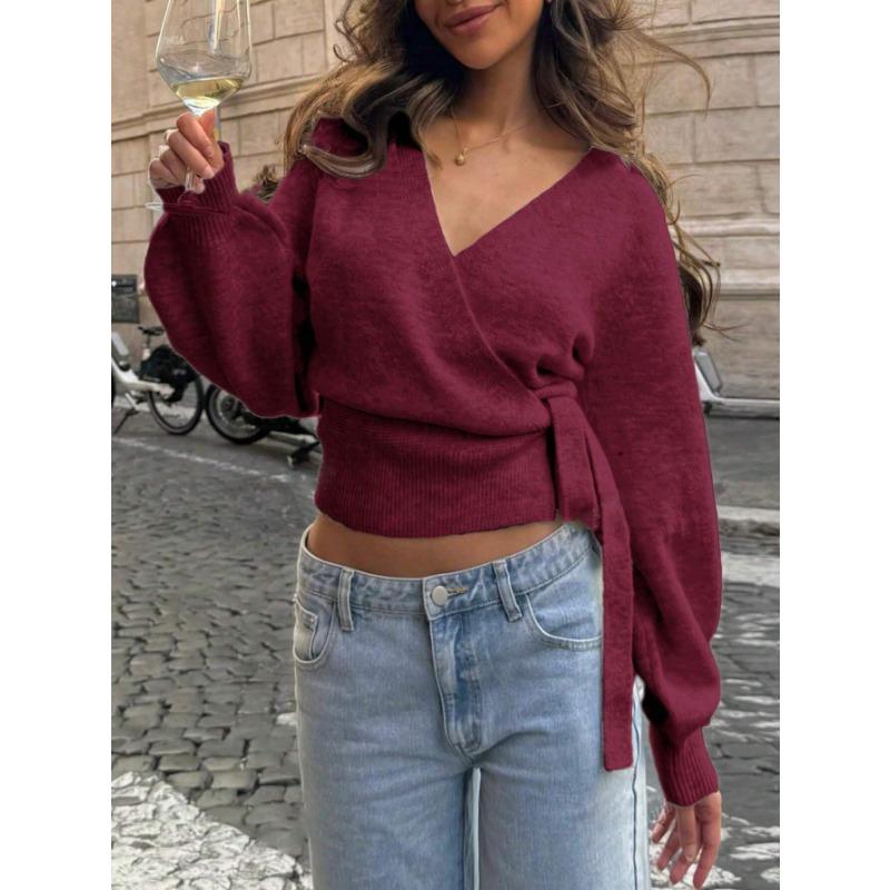 Damski sweter rozpinany z dekoltem V i długim rękawem Elegancki krótki top bazowy