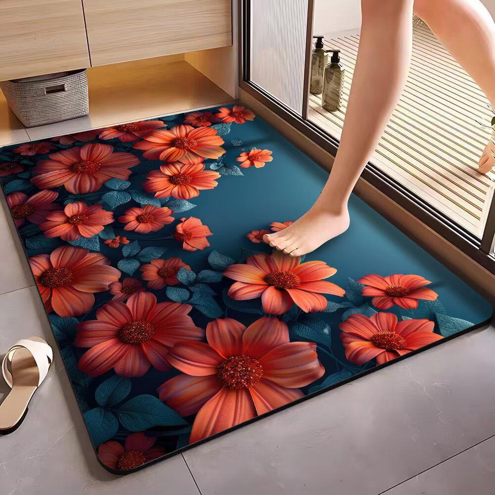 3D Floral Diatomaceous Earth Bath Mat - Absorbent, Quick-Dry, Stain & Wear Resistant Doormat