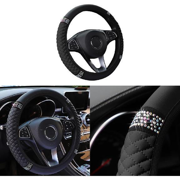 Bling Car Steering Wheel Cover, 15 Inch Rhinestones Soft Leather Elastic Steering Wheel Protector, Sparkly Crystal Diamond For Women Girls, Car