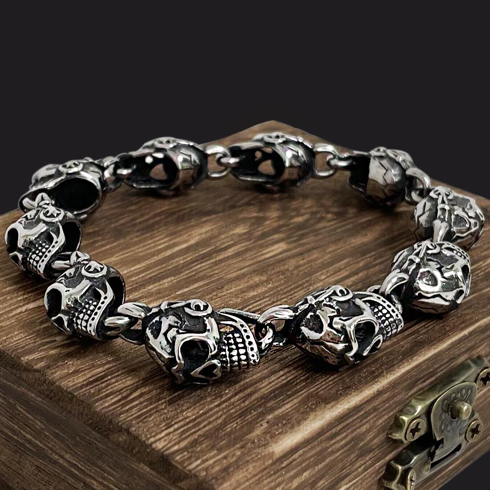 Punk Norse Pirate Skulls Bracelets Men's Charm Adjustable Antique Stainless Steel Chain Bangles Cyberpunk Jewelry Vikings Gifts