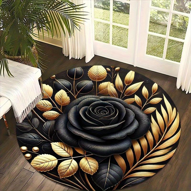 Elegant Black and Gold Rose Round Rug,Luxury Non-Slip Mat for Living Room,Lightweight Washable Polyester,Ideal Housewarming Gift