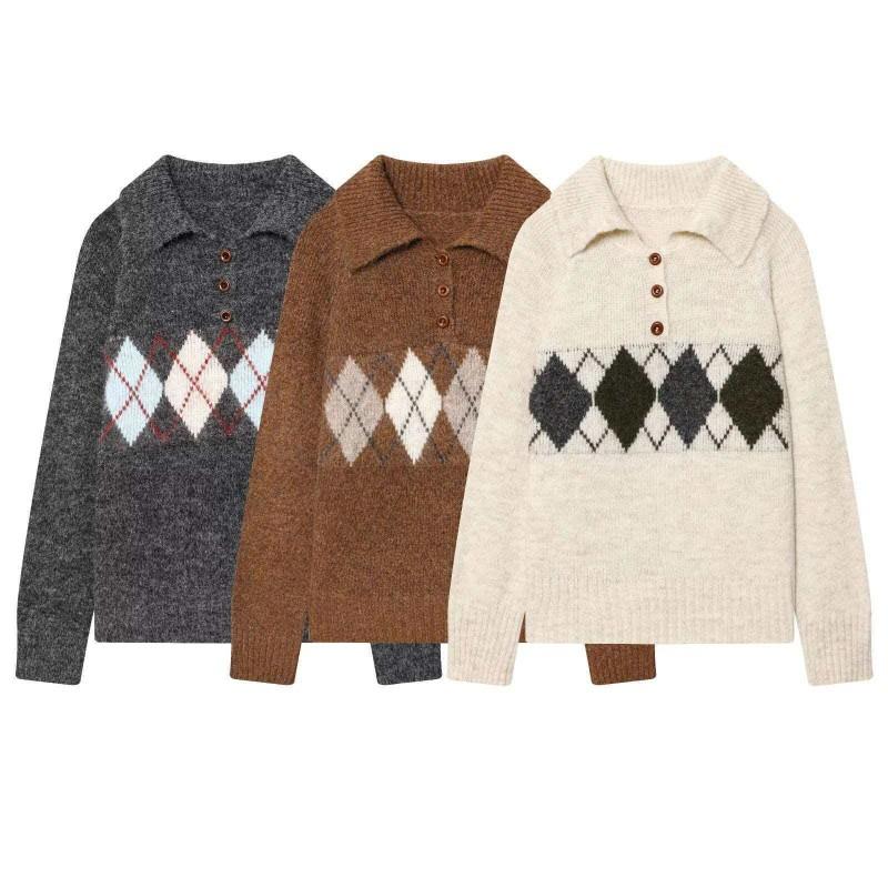 Womens Classic Argyle Collar Knit Sweater Regular Fit Long Sleeve Neutral Tones Office Casual Wear