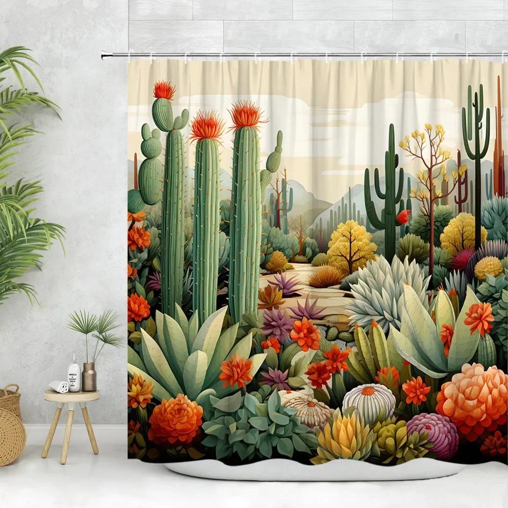 Cactus Shower Curtain Tropical Plant Greenery Moon Flower Desert Hummingbird Rustic Wood Panel Polyester Fabric Bathroom Decor