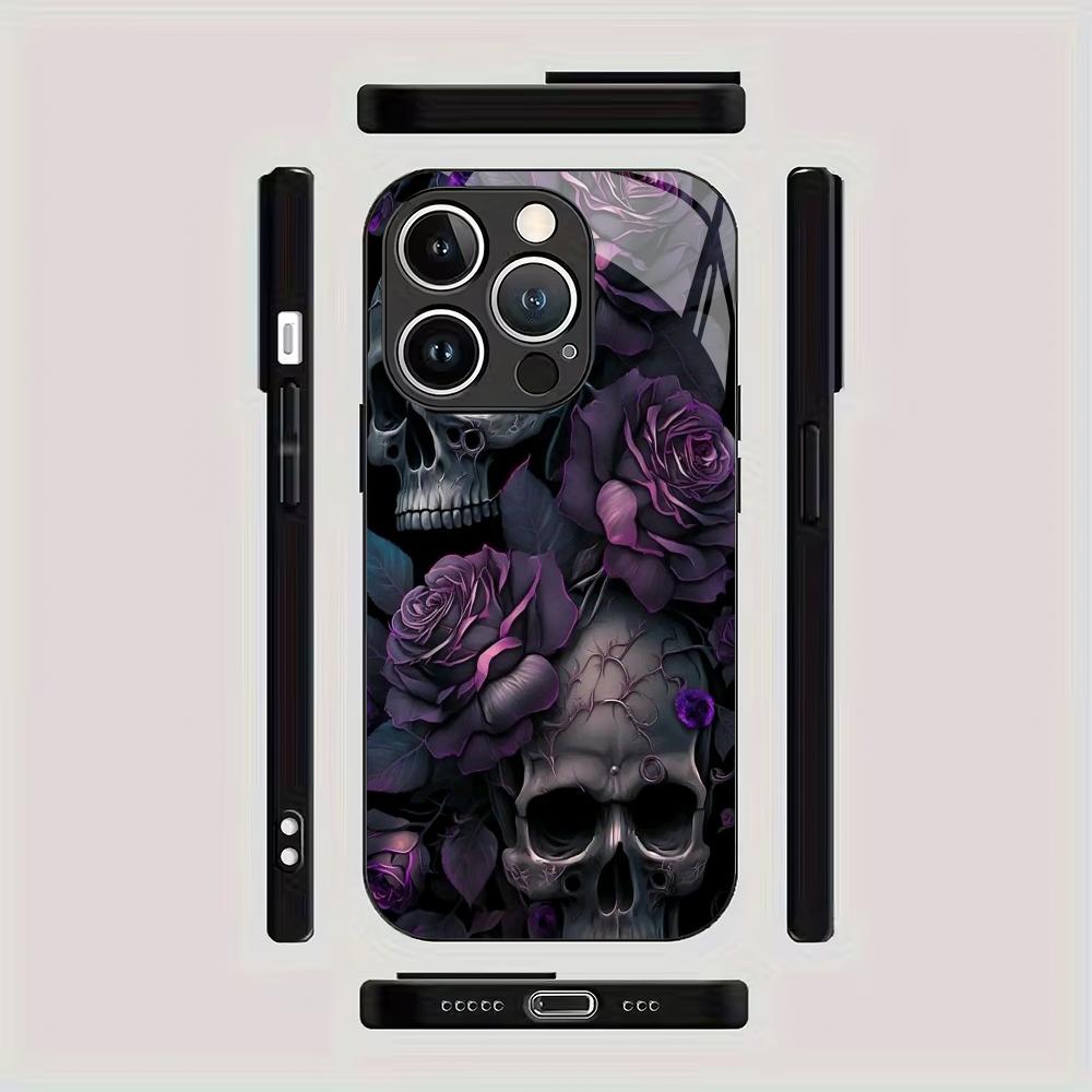 Purple flower skull pattern tempered glass phone case suitable for iPhone 17 16 15 14 13 12 11 Pro/Max/Plus anti drop back cover