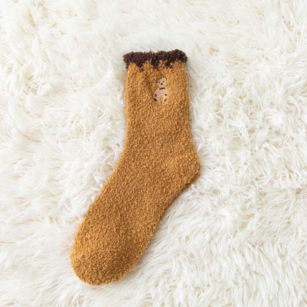 Solid Color Embroidery Bear Girls Mid-tube Socks Female Hosiery Coral Fleece Socks Cute Floor Socks